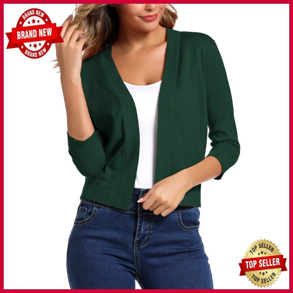 3/4 Sleeve Cropped Cardigan Sweater, Viscose Blend, Loose Fit, Open Front